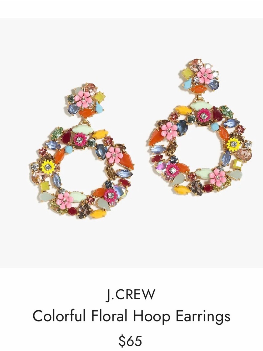 New J. Crew Multicolor Floral Gem Enamel Gold-tone Hoop Statement Earrings